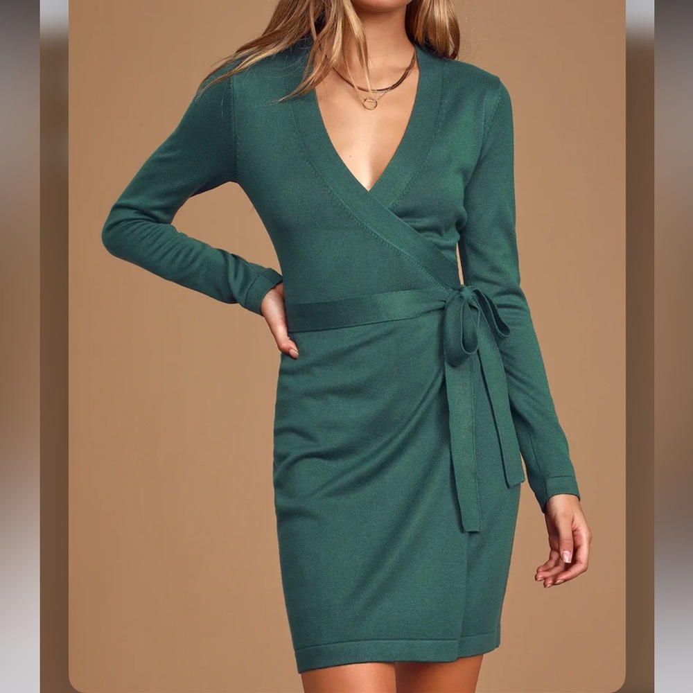 Lulus Literary Lover Forest Green Wrap Sweater Dress - Picture 4 of 12